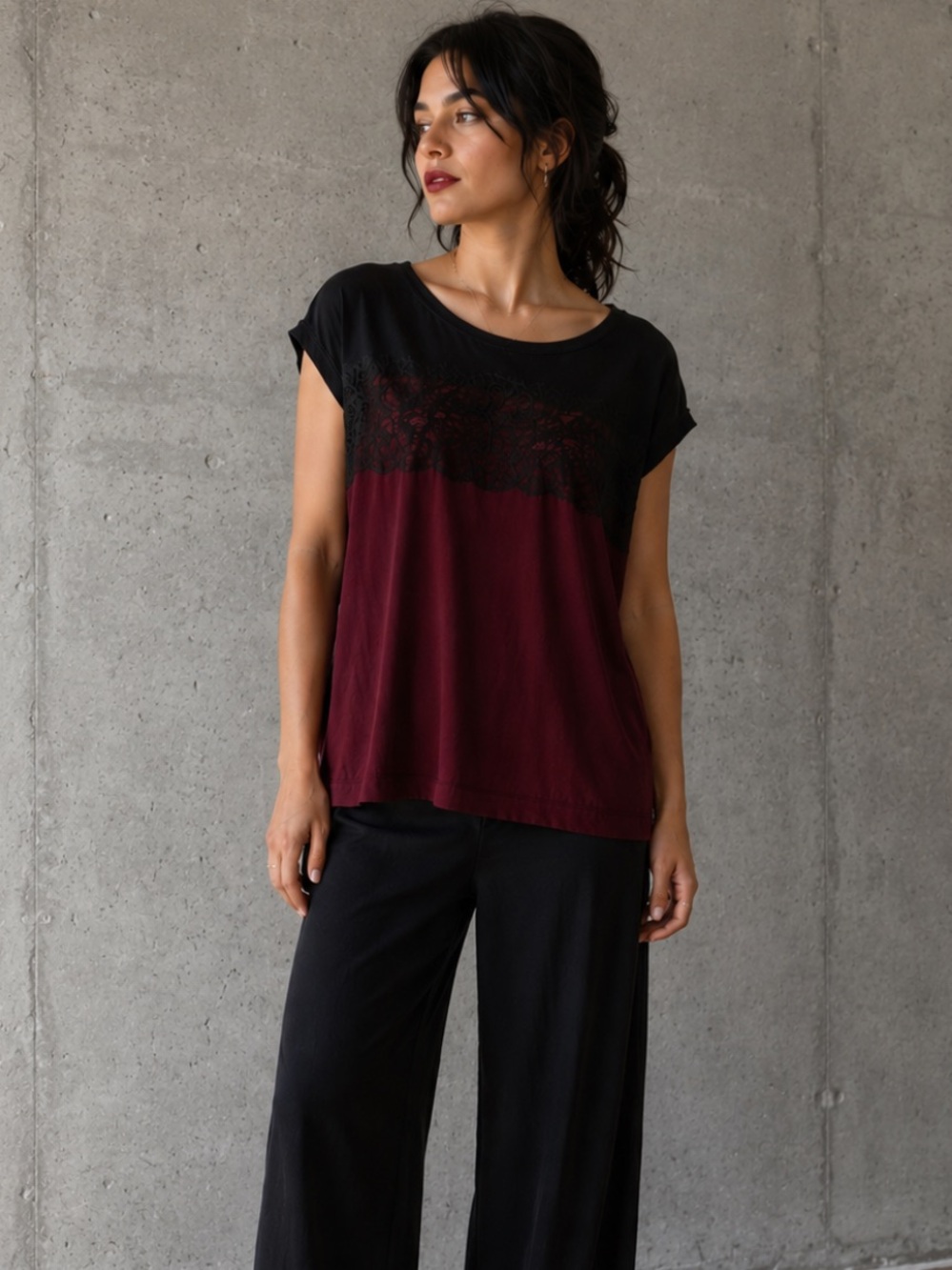 Luisa Cerano Dark Romantic Burgundy Lace Top 100% Viscose US 12